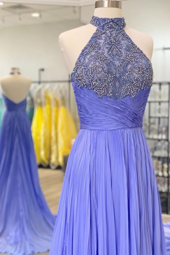 princess high neck beaded purple long formal dress prom dress with halter and open nack prom dress 2021 cg17639