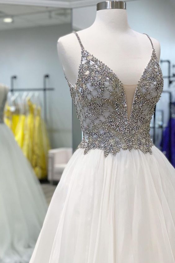 white A-line long formal dress with beaded bodice, 2021 white long formal dress prom dress 2021 cg17640