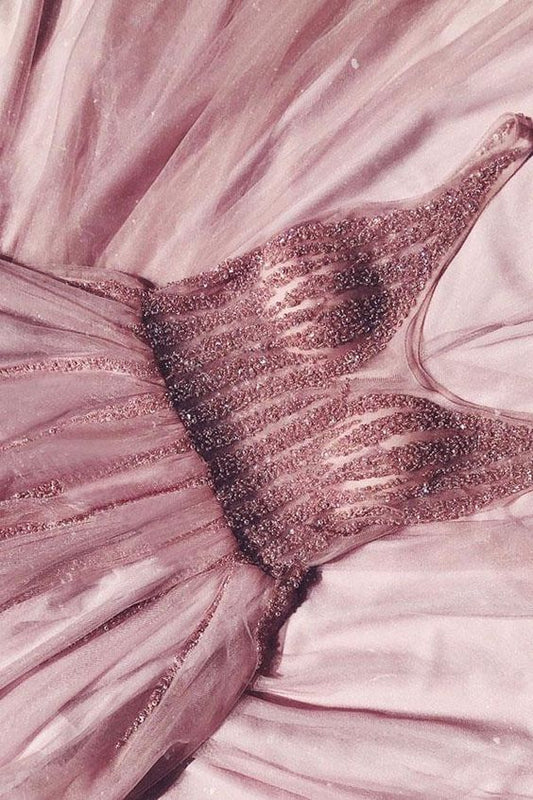 Günstige A-Linie V-Ausschnitt Rosa Perlen Langes Abendkleid cg1765