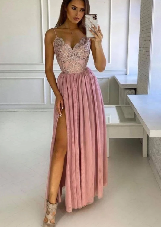 ROSA LANGES BALLKLEID AUS SPITZE MIT V-AUSSCHNITT ROSA BRAUTJUNGFERNKLEID cg17660