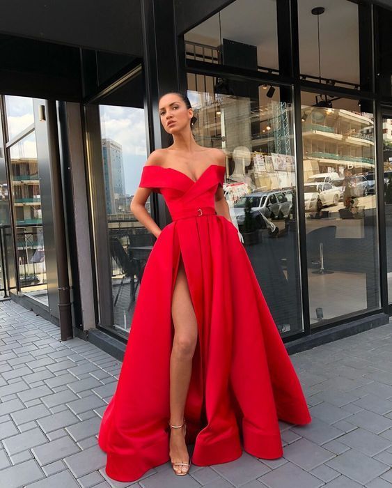 Off the shoulder red prom dress with split cg17662