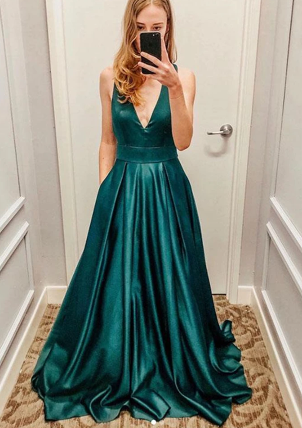 A Line V Neck Green Satin Long Prom Dress, V Neck Green Formal Graduation Evening Dress cg17669