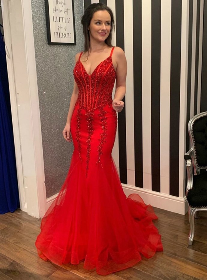 Red Mermaid Tulle Spagehtti Straps Beaidng Beading Prom Dress cg17672