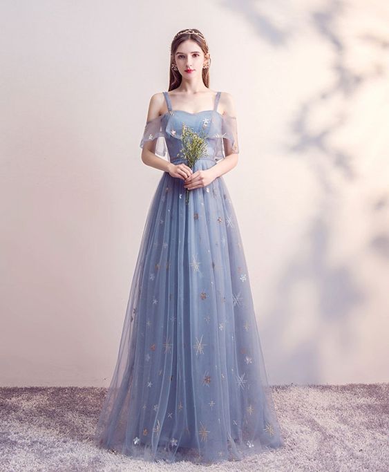 Blue tulle long prom dress blue tulle bridesmaid dress cg17688