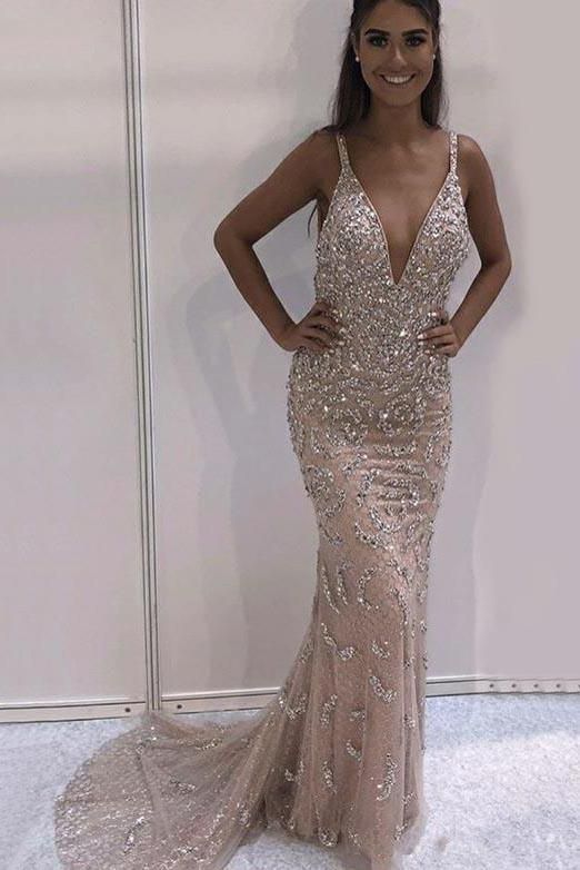 Sexy V neck Straps Tulle Beaded Appliques Mermaid Evening Prom Dress cg17690