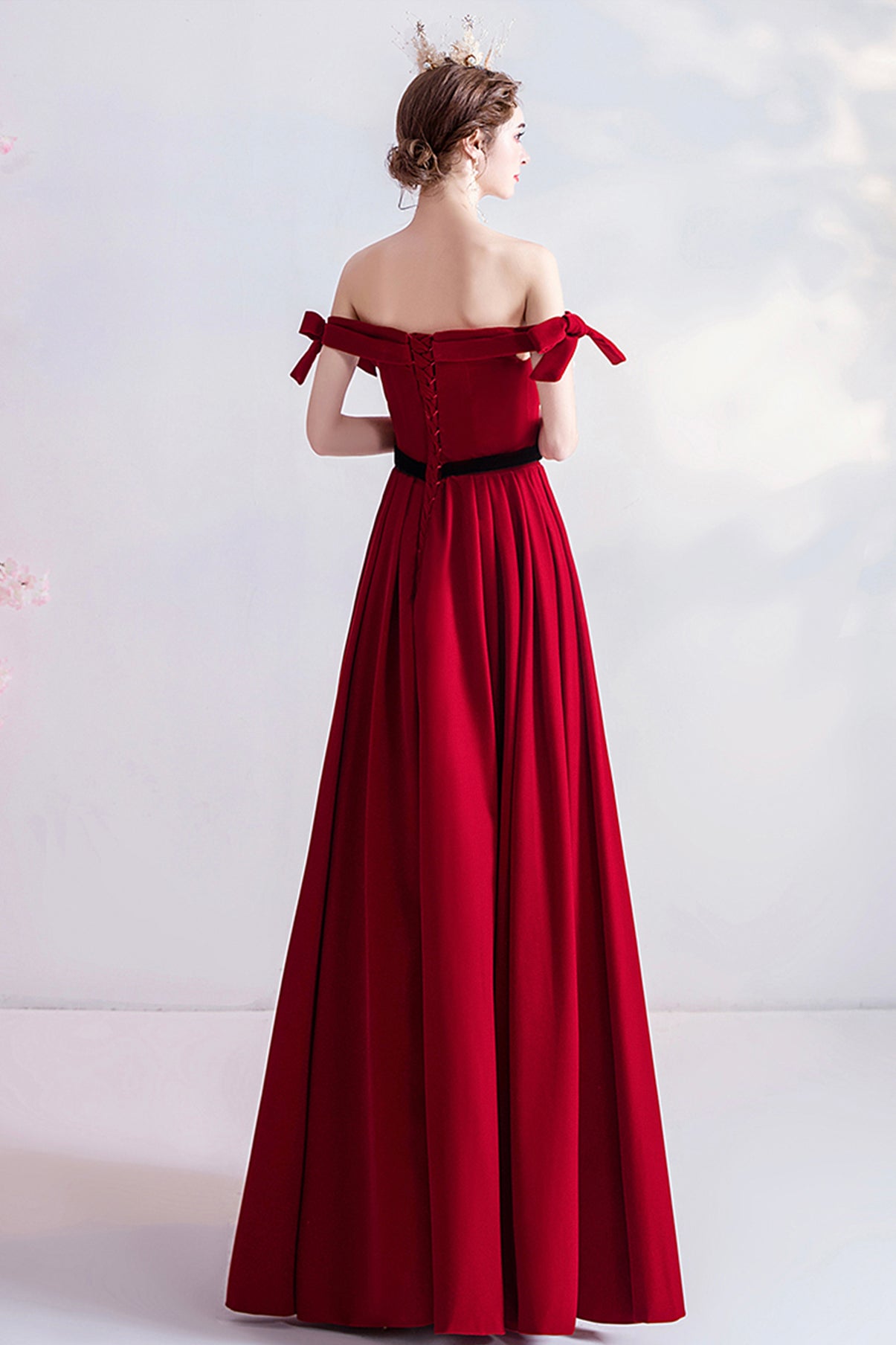 BURGUNDY VELVET LONG PROM DRESS A LINE EVENING DRESS cg17720