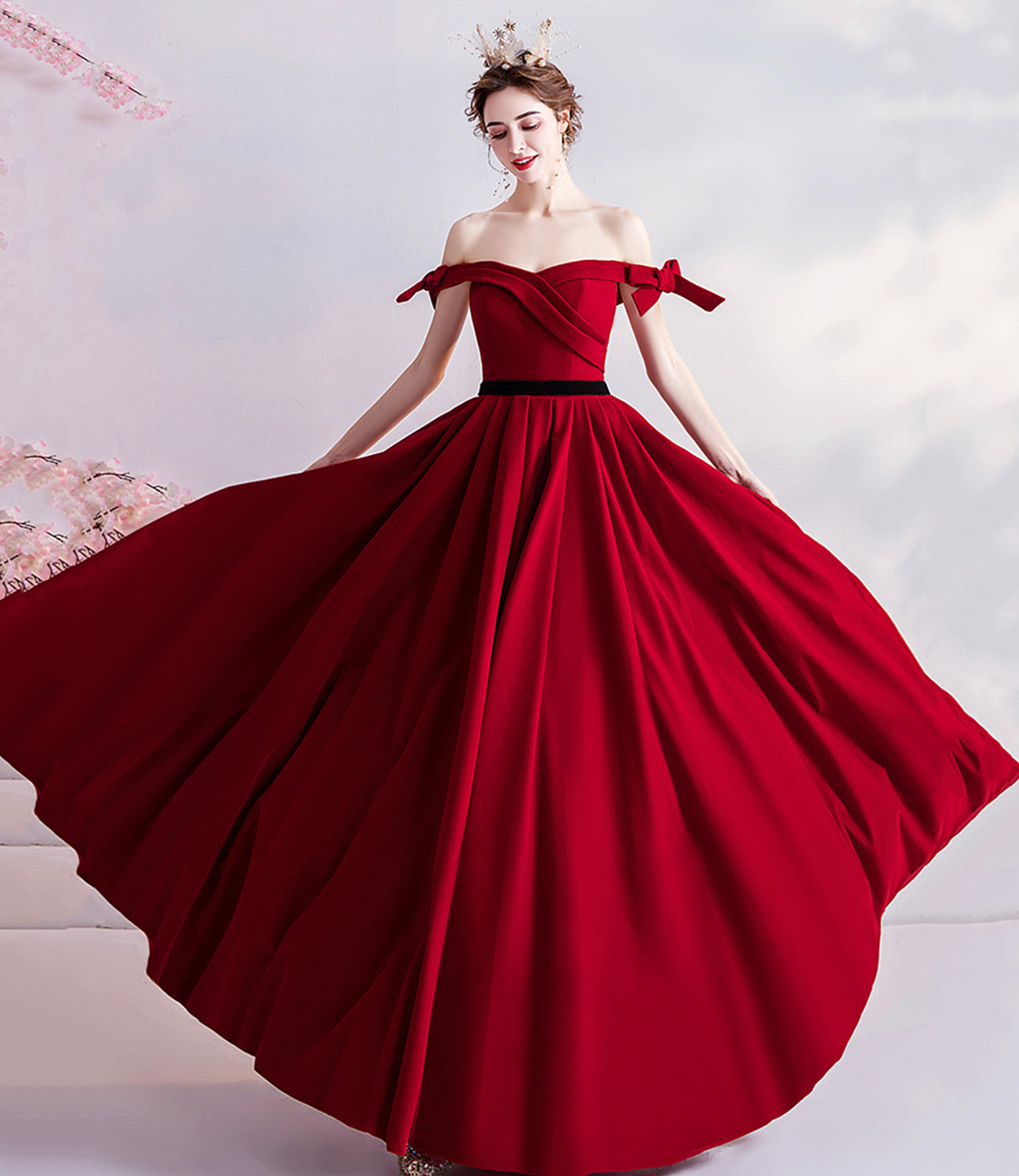 BURGUNDY VELVET LONG PROM DRESS A LINE EVENING DRESS cg17720