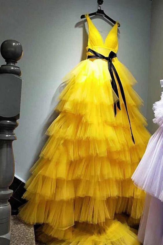 A-line V Neck Yellow Tulle Prom Dress cg17721