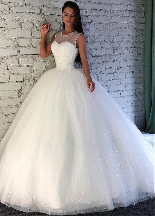 Boho-Ballkleid, glänzendes Pailletten-Tüll-Ballkleid mit Juwelenausschnitt und Perlenbesatz cg17735