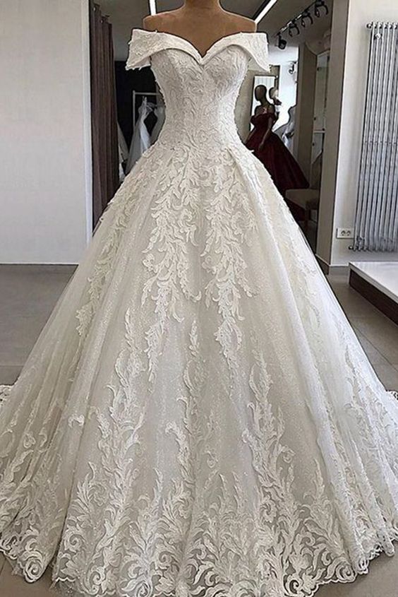Luxury White Lace Off Shoulder Long Applique Wedding Dress, Formal Prom Dress cg17736