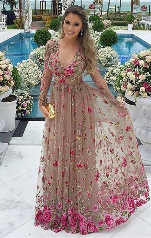 A-Line V-Neck Tulle Prom Dress With Sleeves cg1774