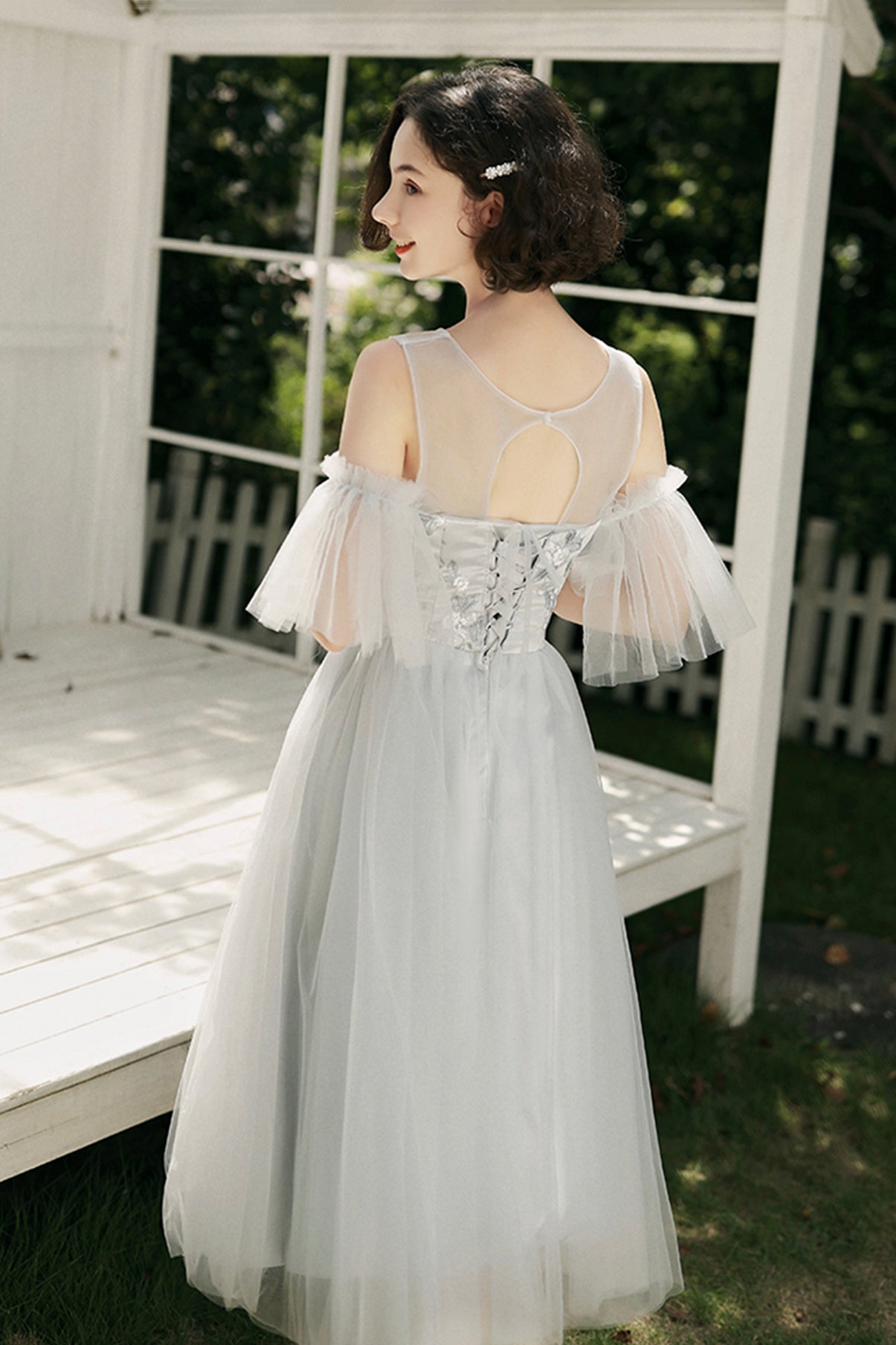 GREY TULLE LACE SHORT PROM DRESS A LINE EVENING DRESS cg17756