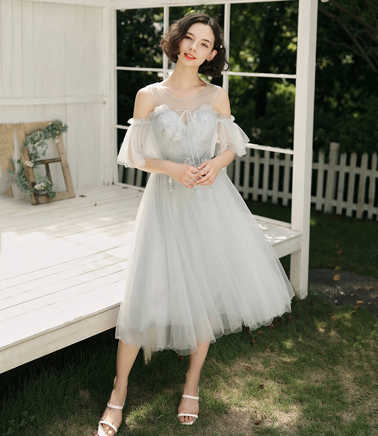 GREY TULLE LACE SHORT PROM DRESS A LINE EVENING DRESS cg17756