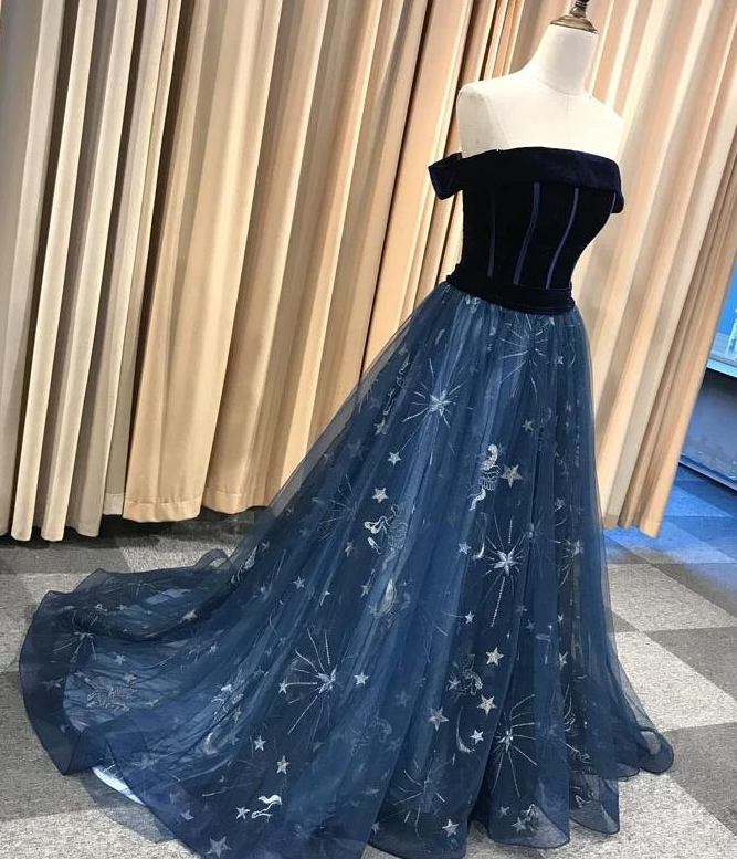 Navy Blue New Style Long Off Shoulder Prom Dress, A-Line Formal Dress, Evening Dress cg17769