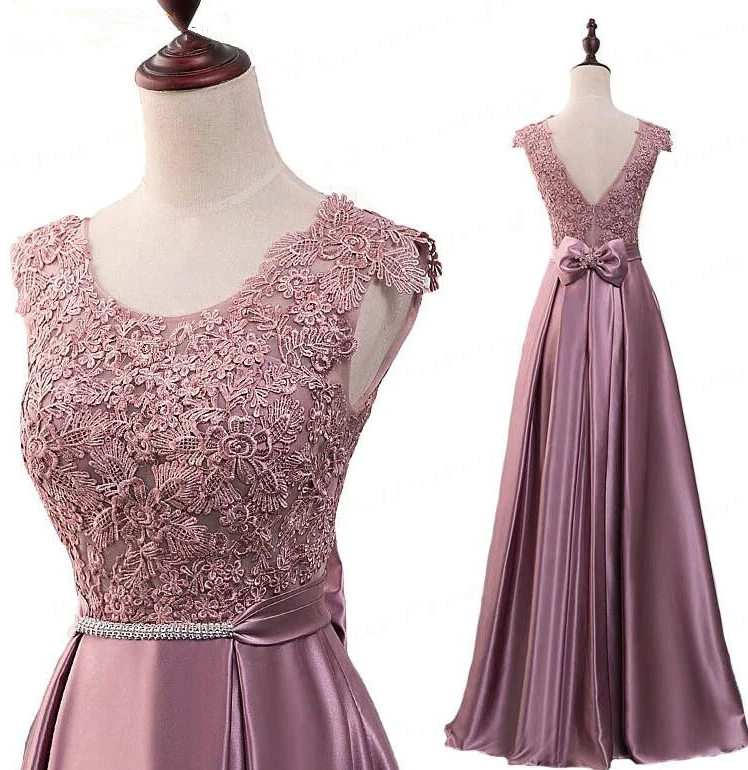 Rosa Satin mit Spitzenapplikation, langes Brautjungfernkleid, rosa A-Linie, schlichtes Ballkleid cg17770