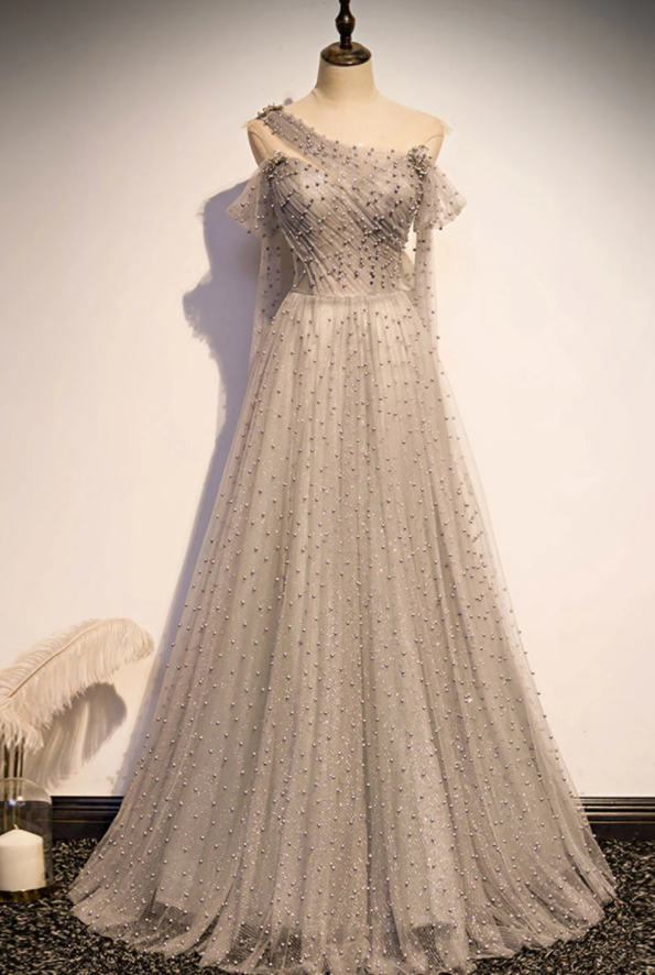 GRAY TULLE ONE SHOULDER LONG PROM DRESS GRAY FORMAL DRESS cg17772