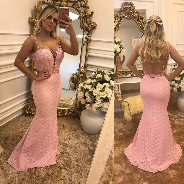 Illusion Back Lace Mermaid Evening Dress with Pearls prom dress cg17791