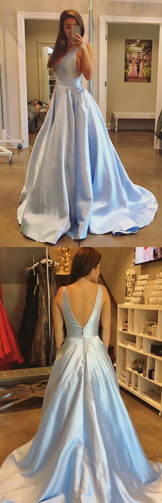 Sexy V-Neck Prom Dress, Backless A-Line Prom Dress, Long Light Blue Evening Dress cg17795
