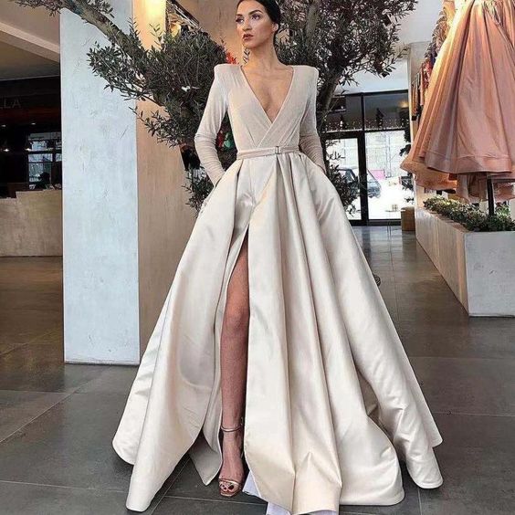 ivory prom dresses 2021 deep v neck pleats long sleeve side slit cg17801