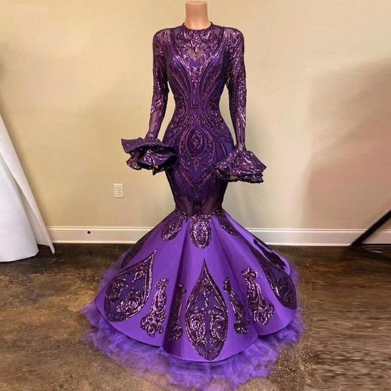 Unique Purple Long Sleeves Sequins Lace Mermaid Prom Dresses, Shinning Formal Evening Party Dress cg17802