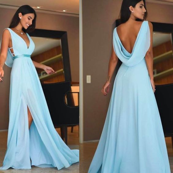 chiffon prom dresses 2021 deep v neck pleats draped a line side slit chiffon a line long evening dresses cg17822