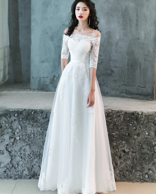 Bezauberndes schlichtes weißes Tüll-Brautkleid mit kurzen Ärmeln und Spitze, A-Linien-Partykleid, Abschlussballkleid, A-Linien-Abendkleid cg17842