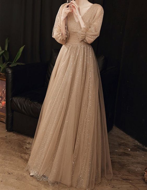 Prom Dress Champagne Evening Dress Elegant Sequins Party Dress 3/4 Sleeve Graduation Gown cg17874