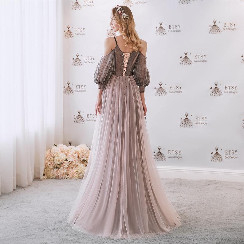 Vintage Spaghetti Straps Deep V neck Prom Dress ,Long Tulle Formal Dresses,Lace up Back Custom Made Dress cg17875