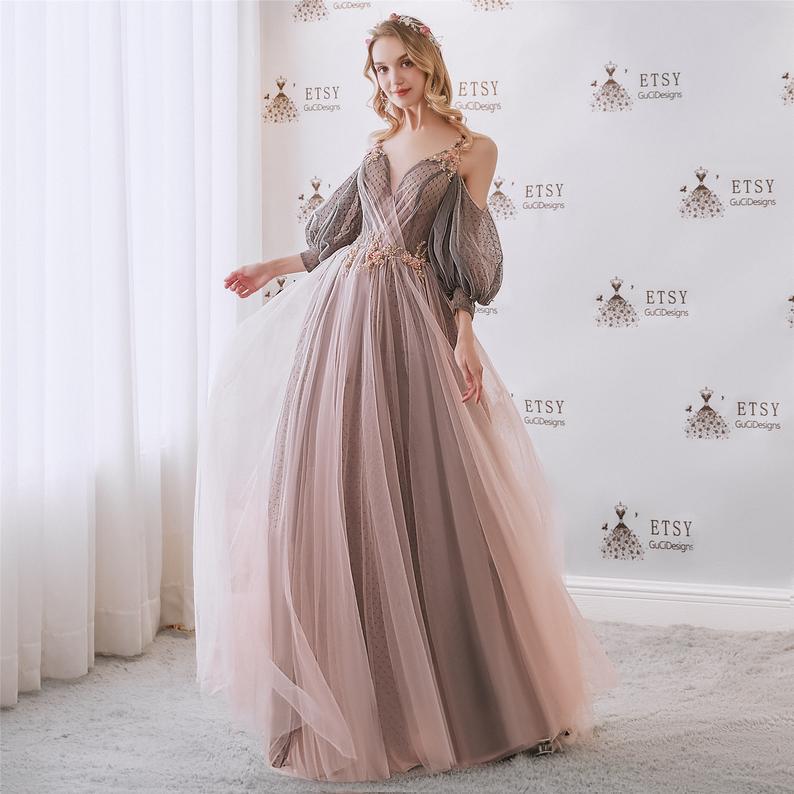 Vintage Spaghetti Straps Deep V neck Prom Dress ,Long Tulle Formal Dresses,Lace up Back Custom Made Dress cg17875