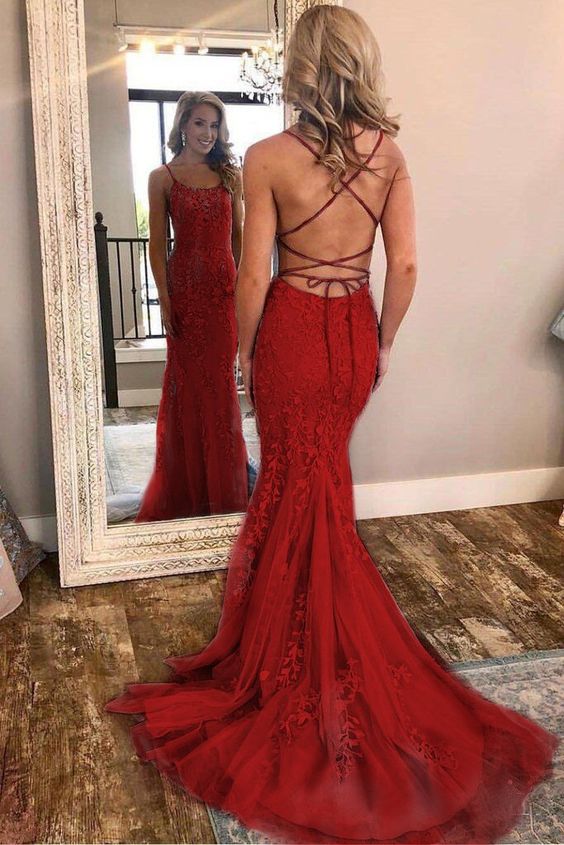 Red Spaghetti Strap Mermaid Prom Dresses with Lace Appliques Backless Formal Dress cg17879
