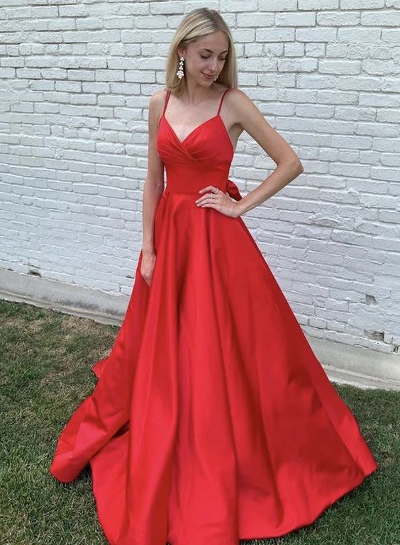 Rotes Satin V-Ausschnitt Langes Einfaches Ballkleid Rotes Abendkleid cg17880