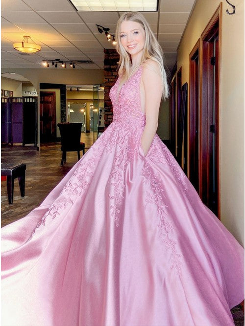 Cute A-Line V Neck Pink Satin Lace Appliques Long Prom Dresses with Pockets cg17895