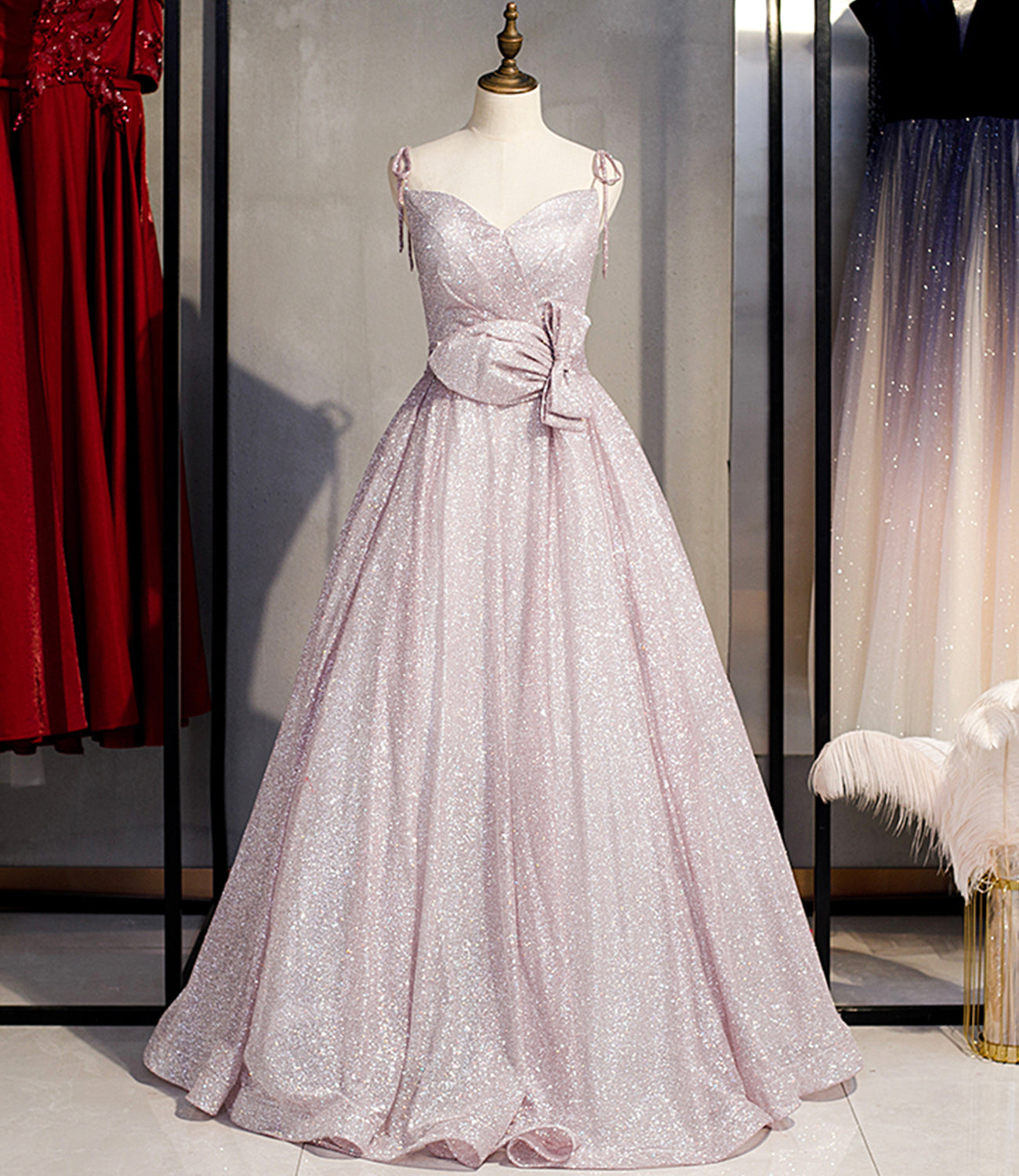 SHINY V NECK SEQUINS LONG PROM DRESS A LINE EVENING DRESS cg17901