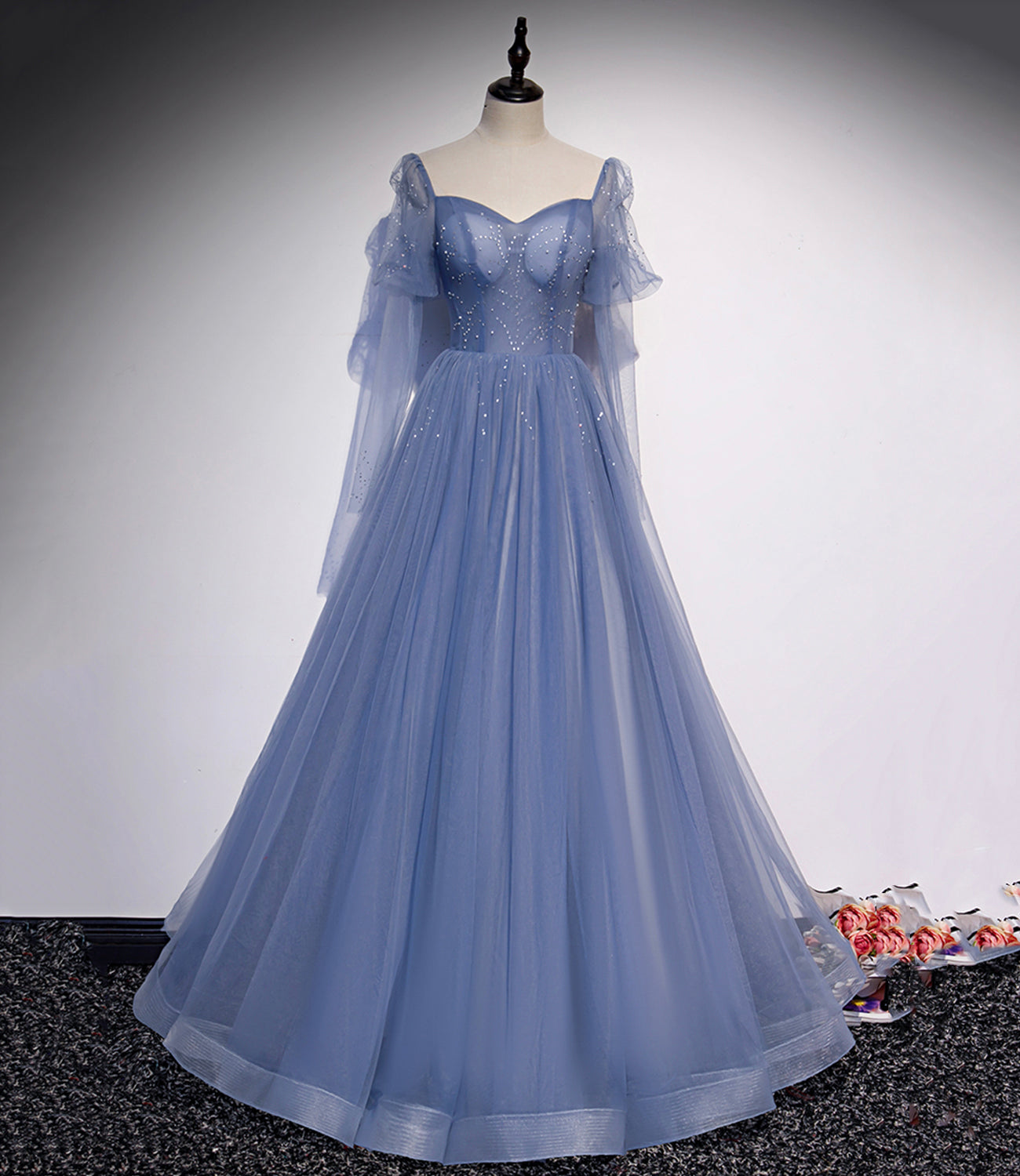 BLUE TULLE LONG PROM DRESS A LINE EVENING DRESS cg17902