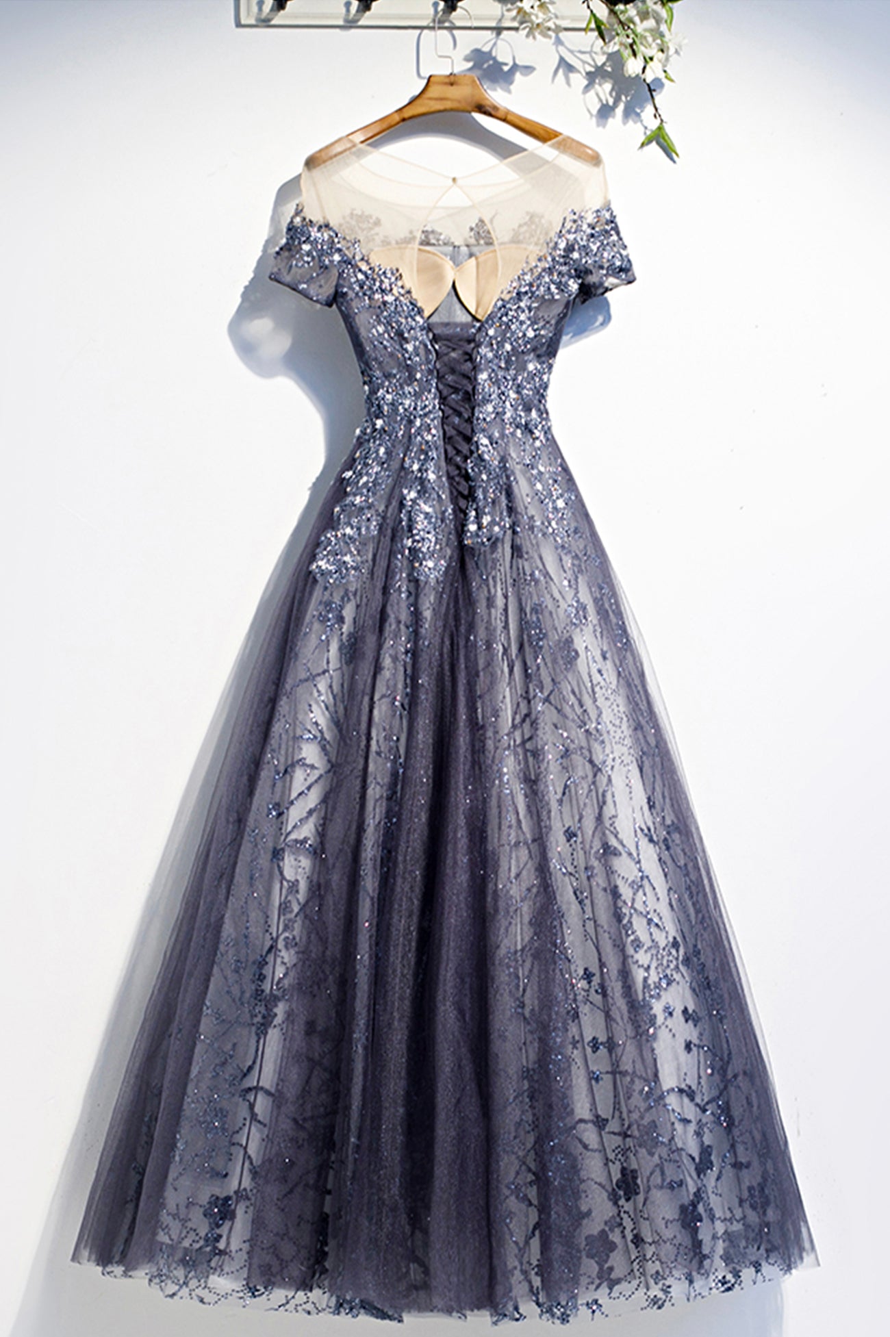 BLUE TULLE SEQUINS LONG PROM DRESS A LINE EVENING DRESS cg17906