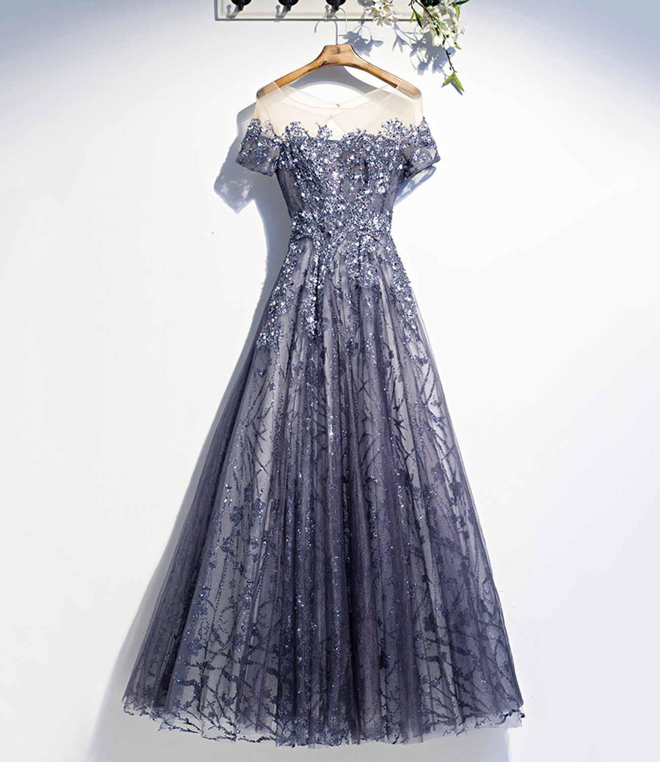 BLUE TULLE SEQUINS LONG PROM DRESS A LINE EVENING DRESS cg17906