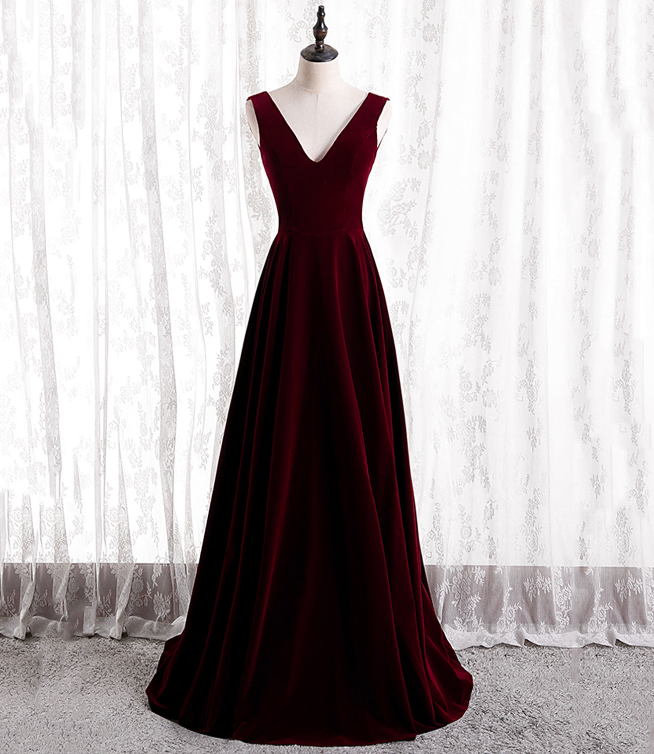 BURGUNDY V NECK LONG PROM DRESS A LINE VELVET EVENING DRESS cg17907