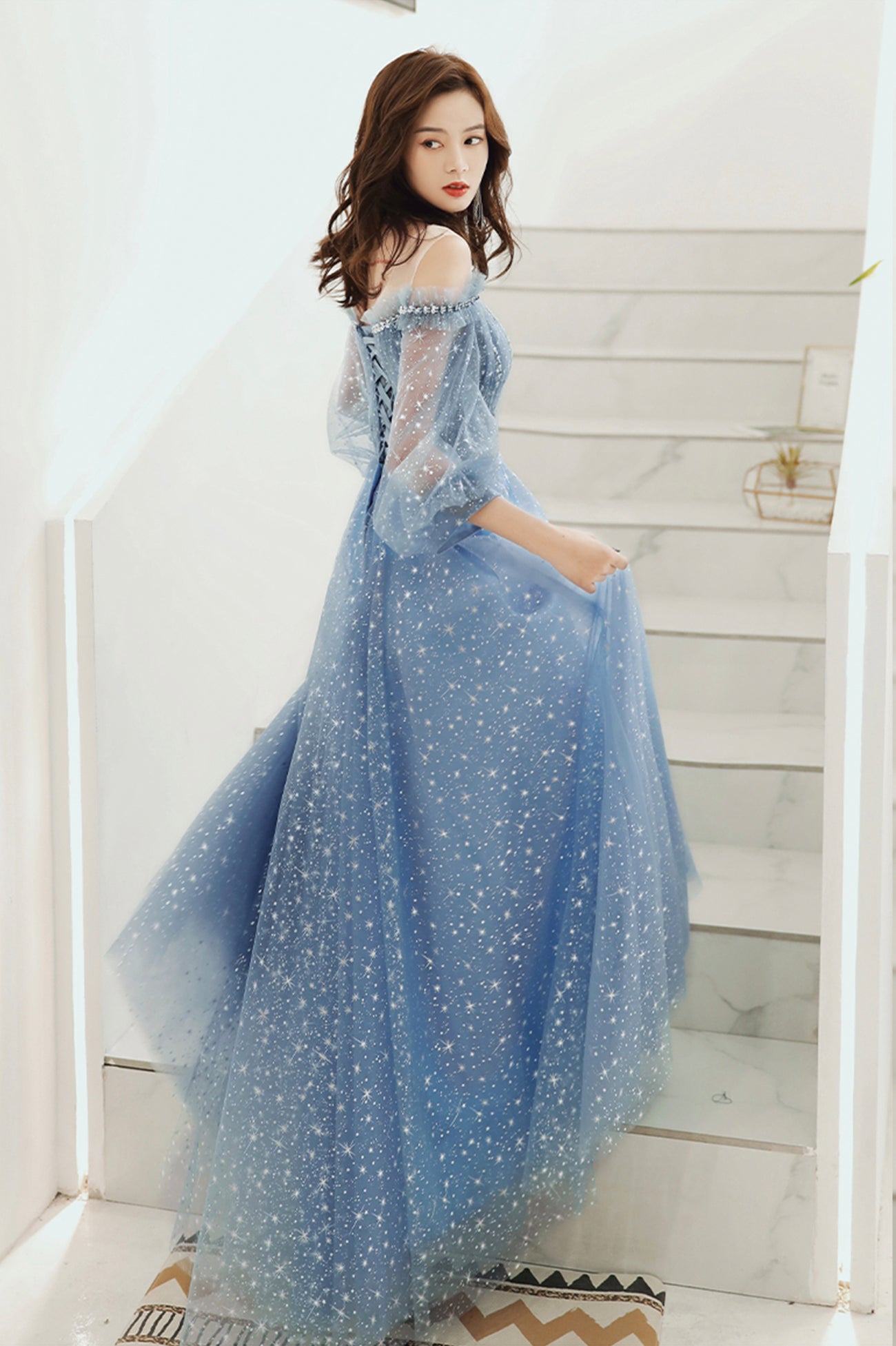 BLUE TULLE LONG A LINE PROM DRESS BLUE EVENING DRESS cg17908