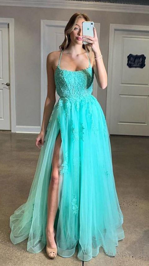 Spaghetti Straps High Slit Evening Dress Appliqued Sweep Train Long Prom Dress cg17909