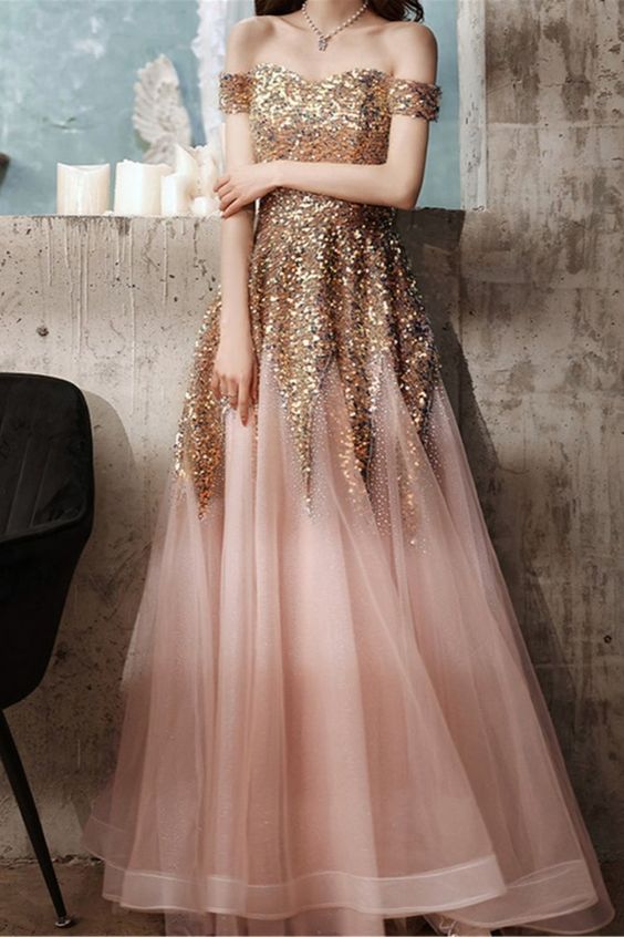 off the shoulder champagne sequined long prom dress formal dress cg17923