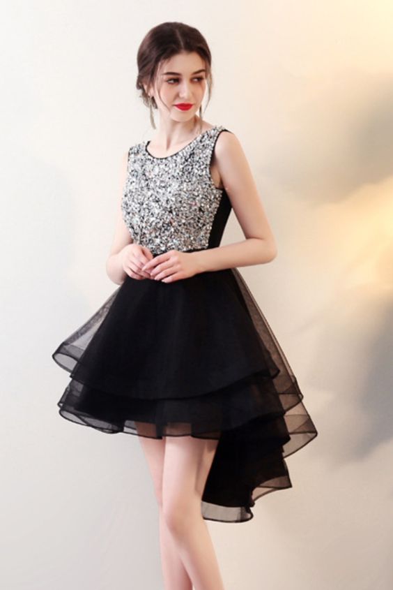 high low black party dress with silver sequins top homecoming dress party dress cg17933