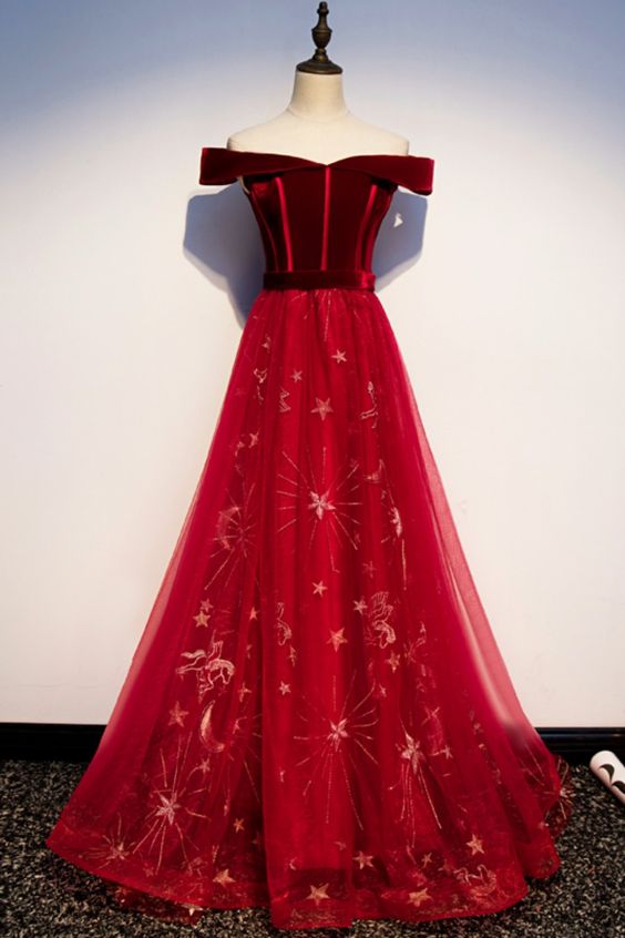Off the Shoulder Red Long Prom Dress cg17937