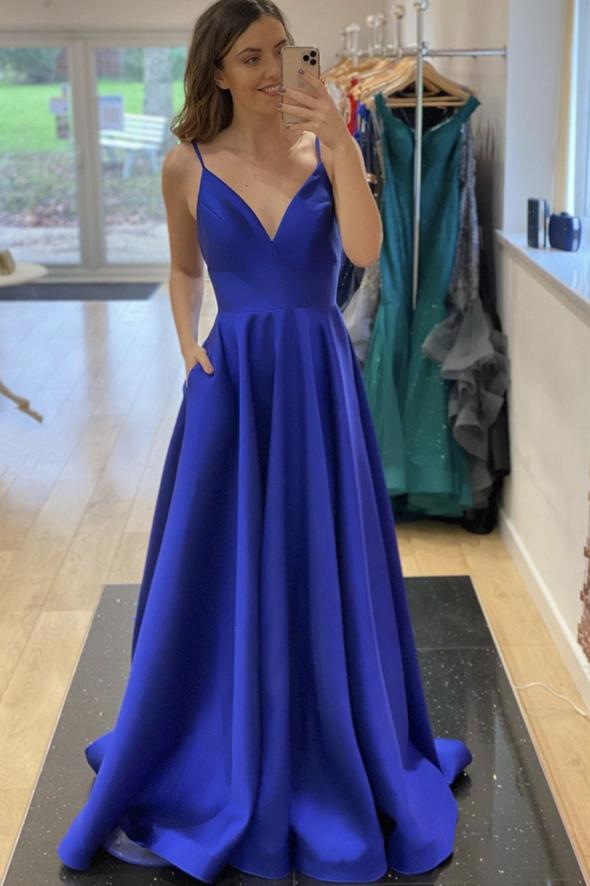 Blue satin long prom dress A line evening dress cg17942