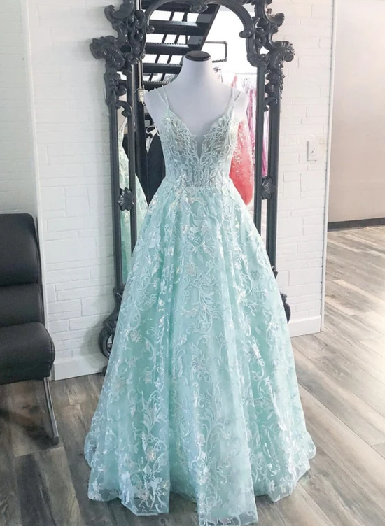 Blue v neck lace long prom dress A line evening dress cg17946