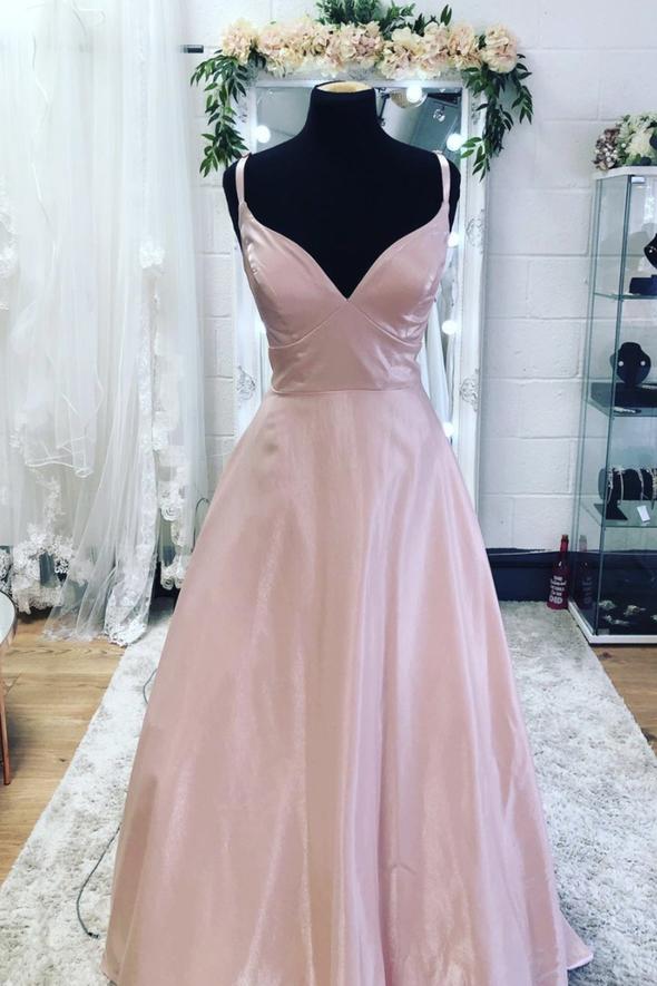 Pink v neck satin long prom dress A line evening dress cg17964
