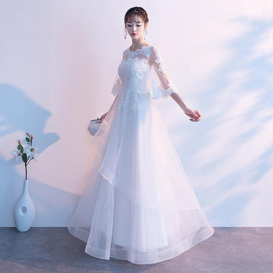 Weißer Tüll mit Spitze, kurze Ärmel, Lagen-Tüll-Abschlussballkleid, weißes, schlichtes Hochzeitspartykleid cg17967