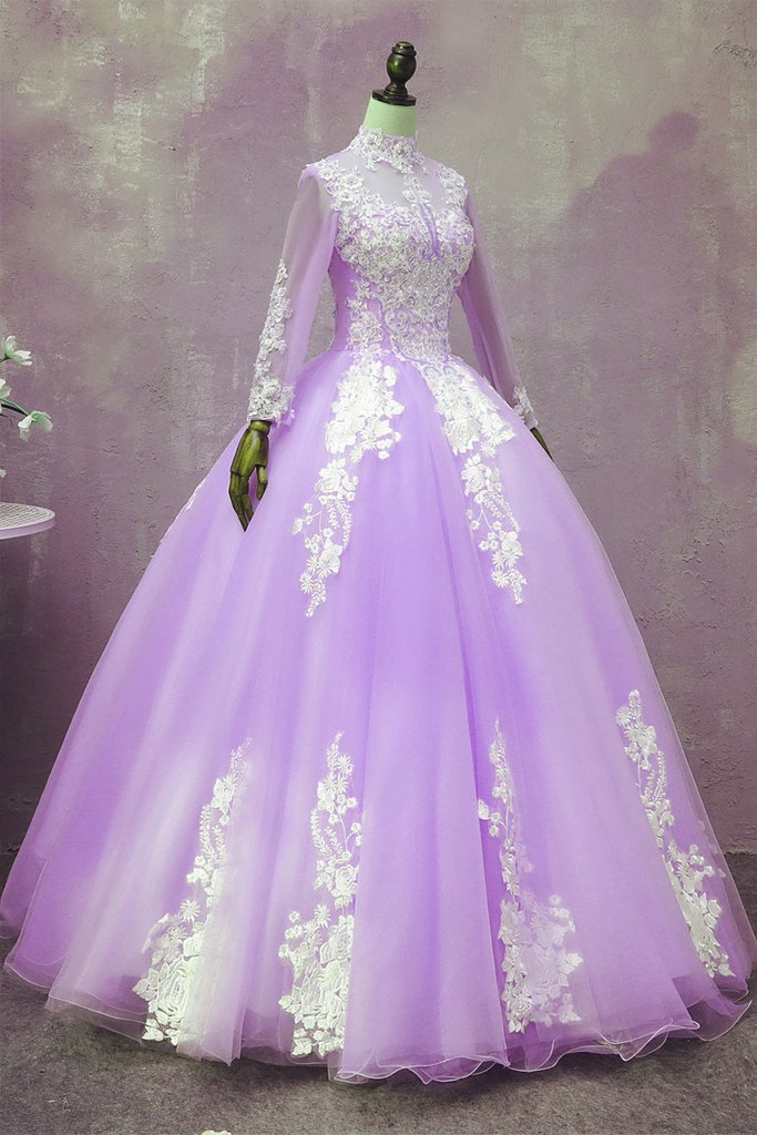 Light Purple Tulle Long Sleeves Applique Sweet 16 Gown, Beautiful Even classygown Light Purple Tulle Long Sleeves Applique Sweet 16 Gown, Beautiful Even classygown