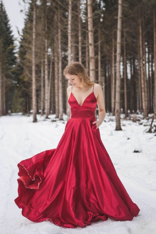 ROTES V-AUSSCHNITT SATIN LANGES BALLKLEID ROTES BRAUTJUNGFERNKLEID cg17977