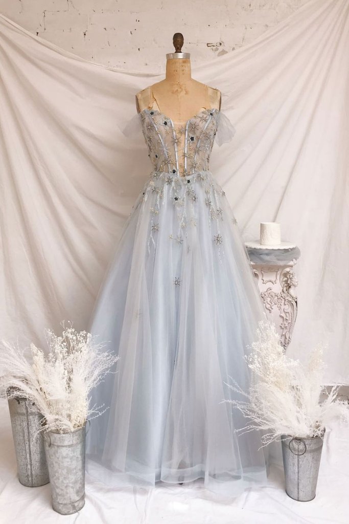 BLUE SWEETHEART TULLE LONG PROM DRESS BLUE TULLE FORMAL DRESS cg17979