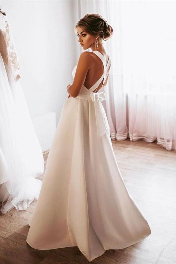 Elegant White Satin Long Prom Dress, Long White Formal Graduation Evening Dress cg17988